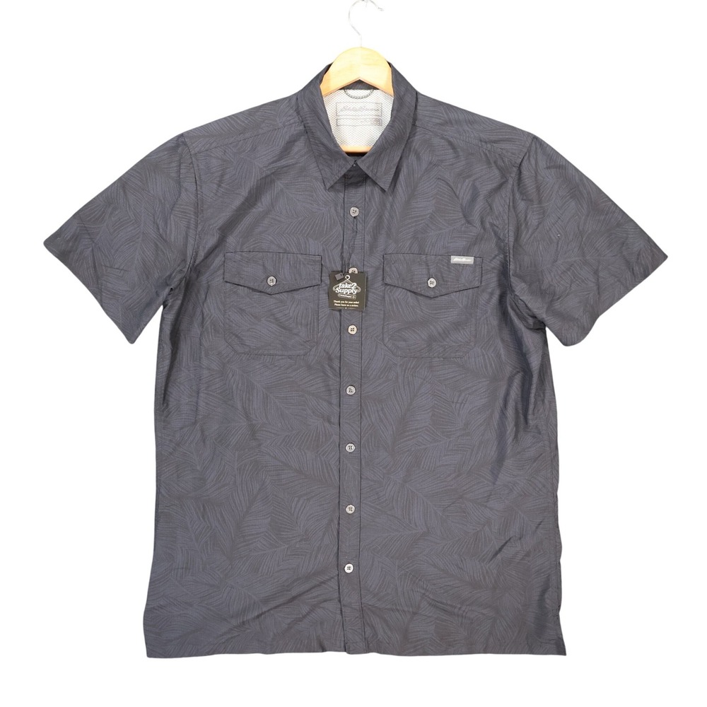 Eddie Bauer Button Front Shirt Mens XL Black‎ Excellent Tropical Palm Print